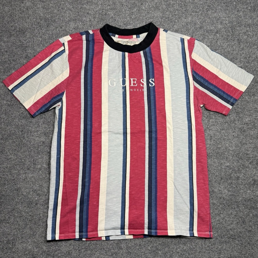 VTG Y2K Guess Los Angeles Embroidered Logo T-Shirt Striped Multicolor Size Small